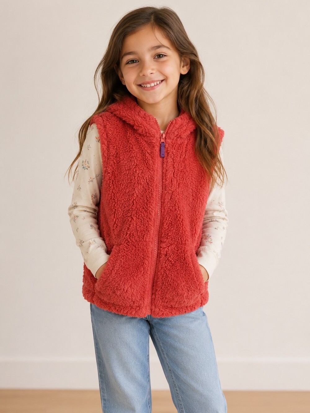 Mini Boden Full Zip Hooded Sherpa Fleece Vest in Red Outdoor Cozy Girls' 7-8Y